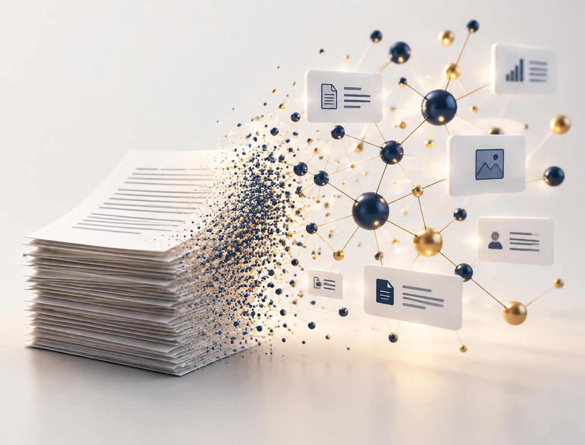 Illustration of a stack of pages transforming into connected knowledge cards