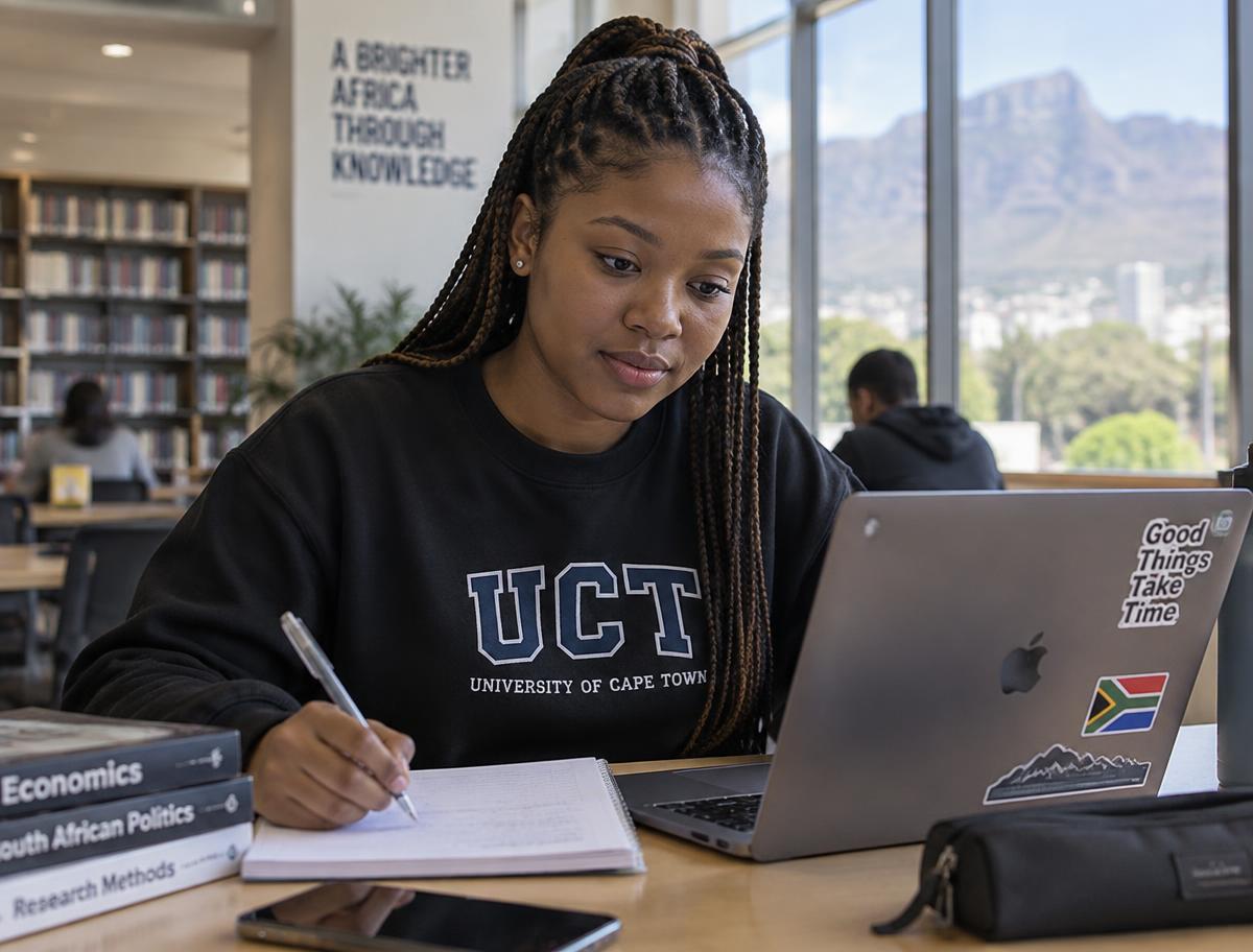 Student revising with a laptop and notebook